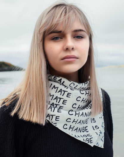 Climate Change is Real B&W organic silk scarf